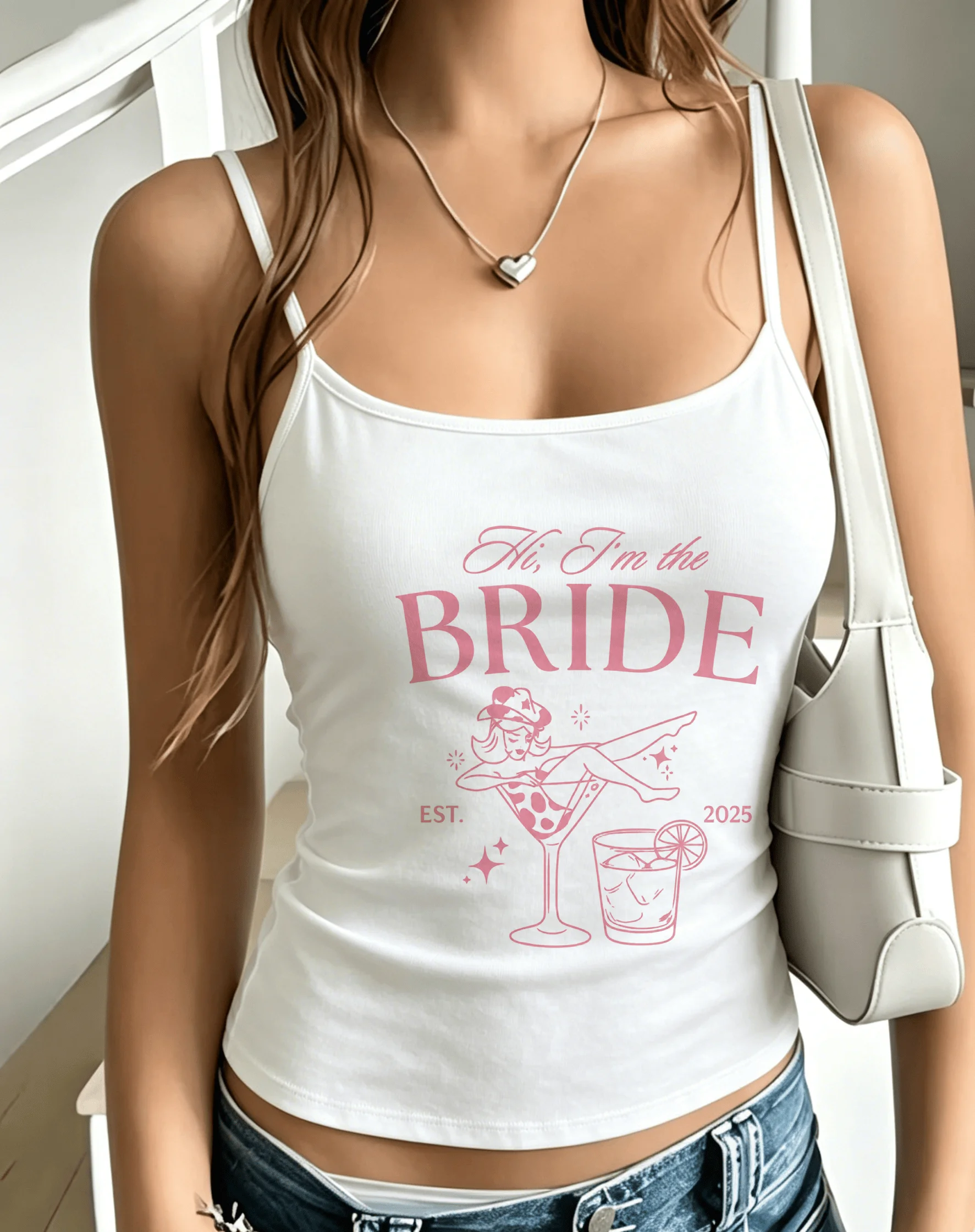 Pink Line Art Bride Martini Cocktail Graphic Women Camisole Sleeveless Bachelorette Vacation Spring Summer Daily Casual Top