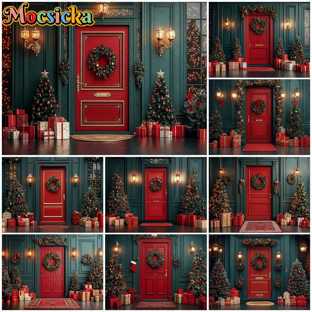 

Mocsicka Christmas Photography Backdrop Xmas Tree Red Door Dark Green Wall Decors New Year Party Photo Backgrounds Studio Banner