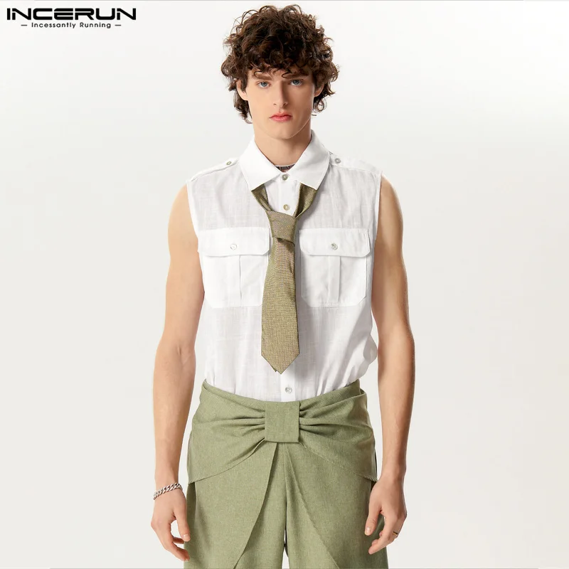 

INCERUN Tops 2024 American Style Men's Double Bag Design Loose Shirts Casual Stylish Male Hot Sale Sleeveless Solid Blouse S-5XL