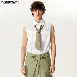 INCERUN Tops 2024 American Style Men's Double Bag Design Loose Shirts Casual Stylish Male Hot Sale Sleeveless Solid Blouse S-5XL