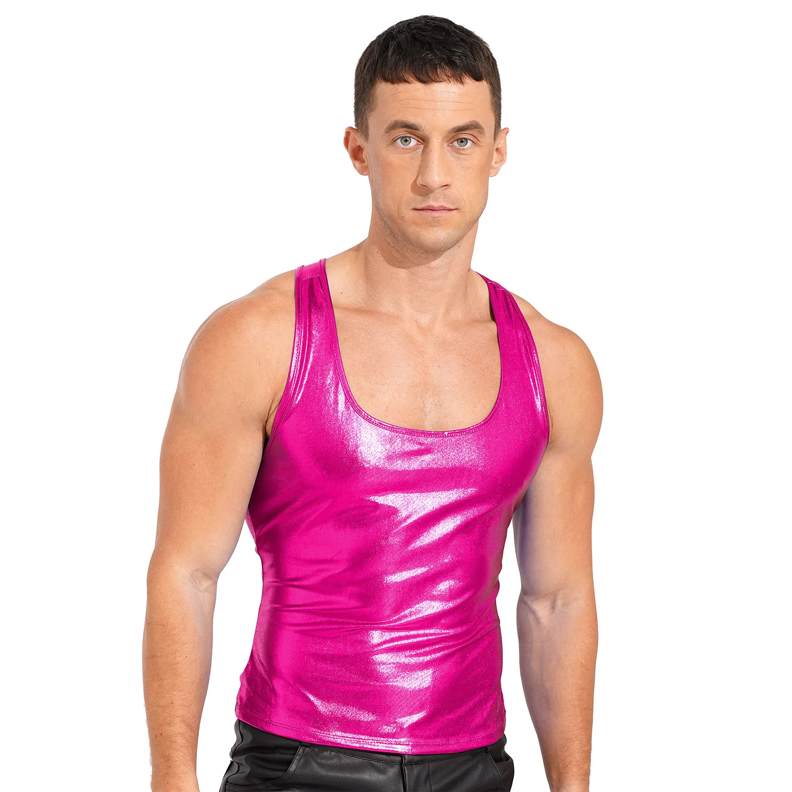 

Mens Shiny Metallic Deep U-neckline Sleeveless Sports Top Shiny Wet Look Fitness Camisole Tank Top Vest Top Exotic Underwear