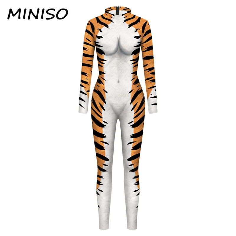 MINISO Cosplay Animal Tiger Pattern Costume Female Zentai Suits Halloween Party Jumpsuit Fancy Dress Adult Women Bodysuits