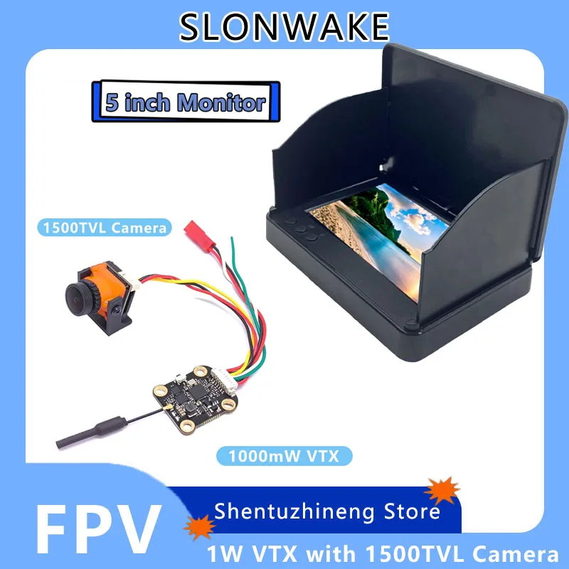 SLONWAKE 5.8G 48CH 1W VTX Transmitter with CMOS 1500TVL Camera 2.1mm + 5 inch Monitor For  for unmanned aerial vehicle RC