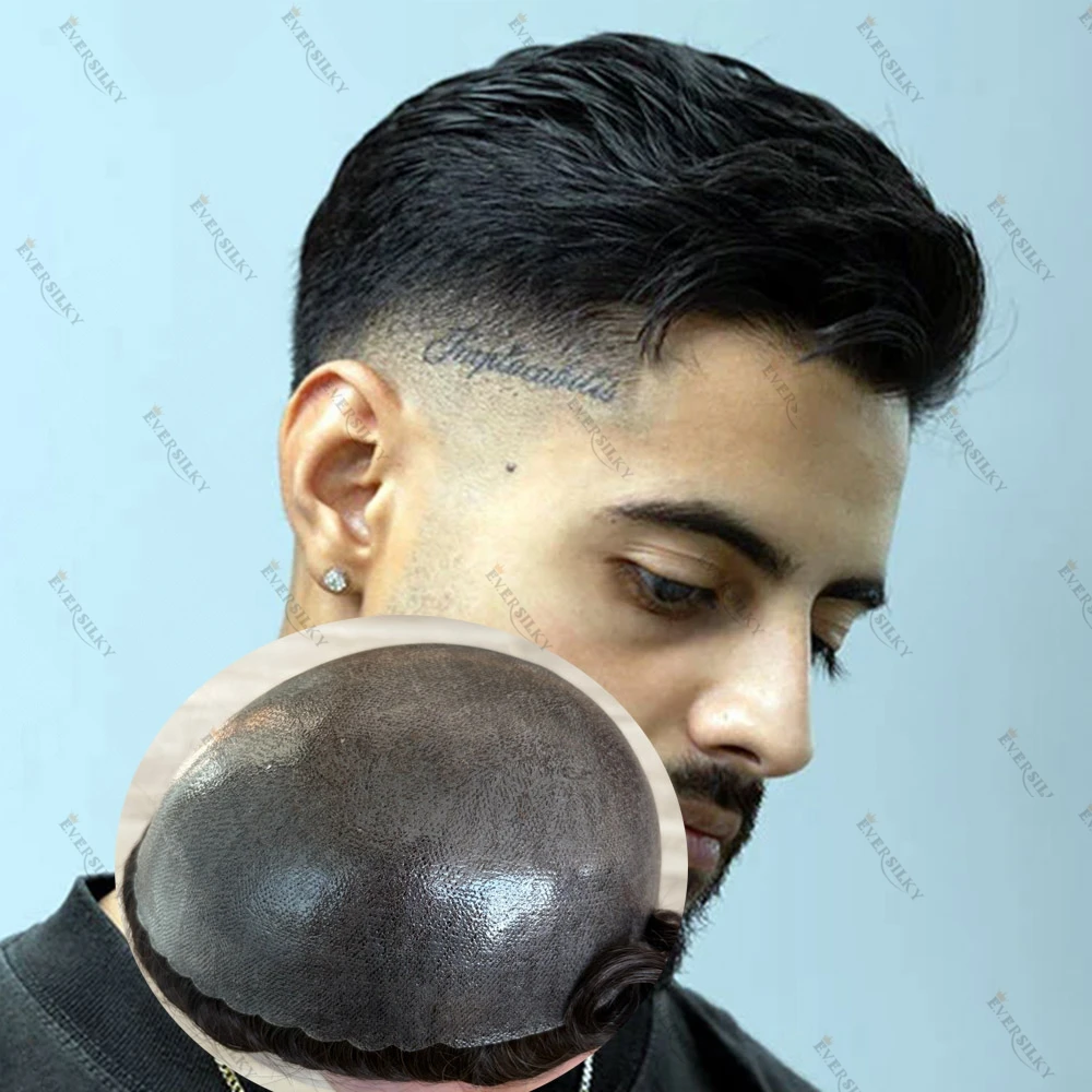 Black Human Hair Men's Toupee Capillary Prosthesis Cheapest Poly Skin Durable 0.1mm-0.12mm Strong Base Wigs Injected Long Last