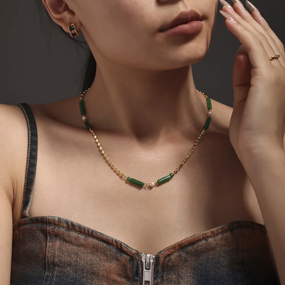 Green Aventurine Bamboo Necklace for Women New Chinoiserie National Trend Niche Versatile Stainless Steel Clavicle Chain Elegant Neck Necklace