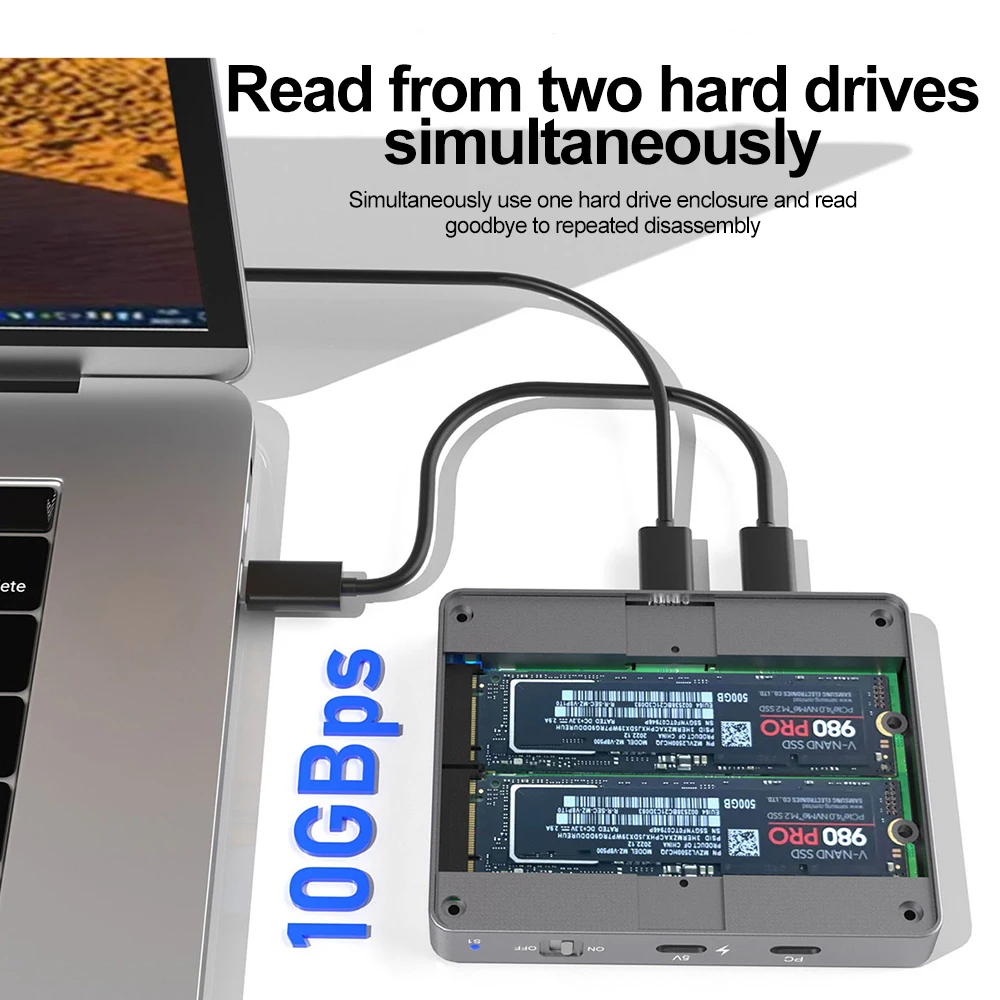 Dual-Bay M.2 NVME SSD Enclosure USBC 3.2 GEN2 10Gbps Docking Station M.2 NVME PCI-E External Hard Disk Box for M2 SSD M/B&M Key