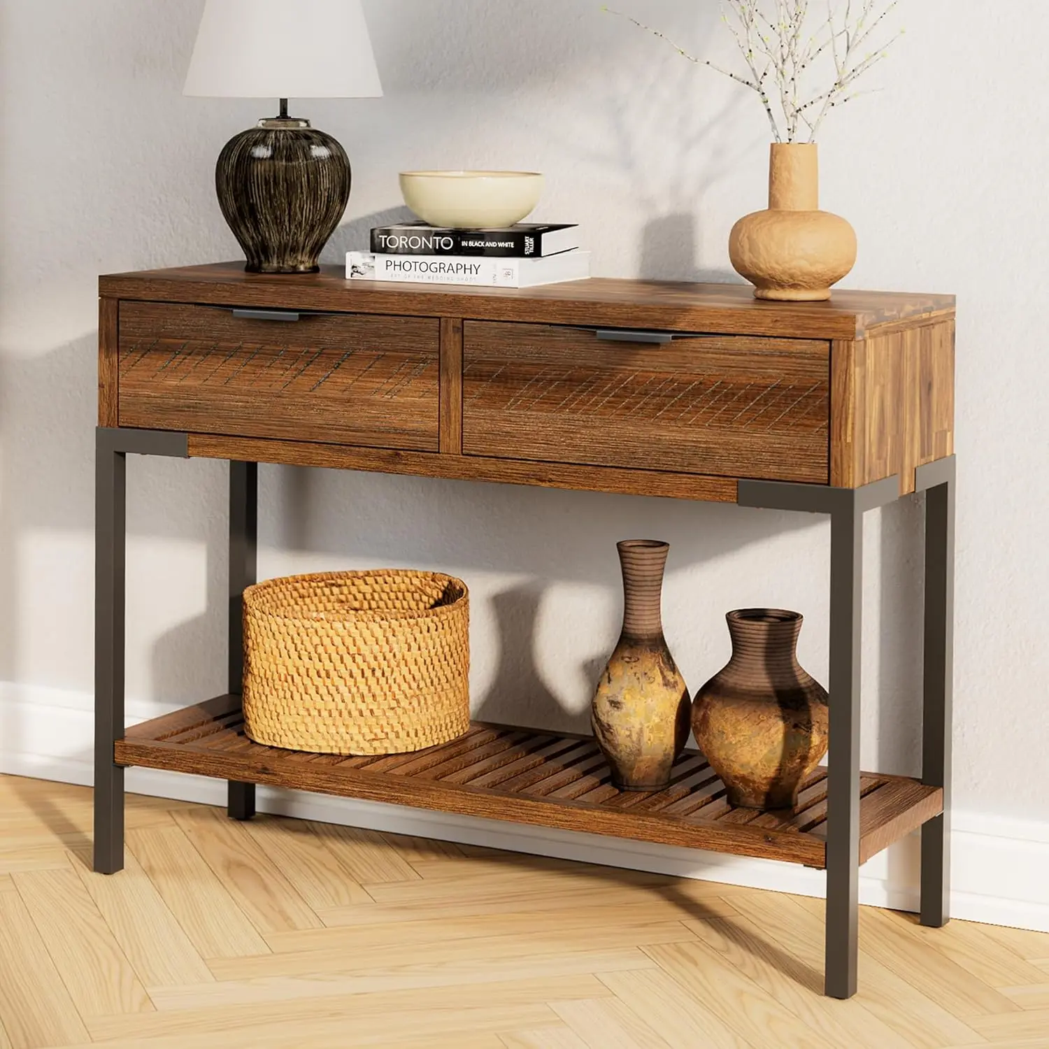 Millie Farmhouse Solid Wood Console Table with 2 Drawers & Storage Shelves, 43