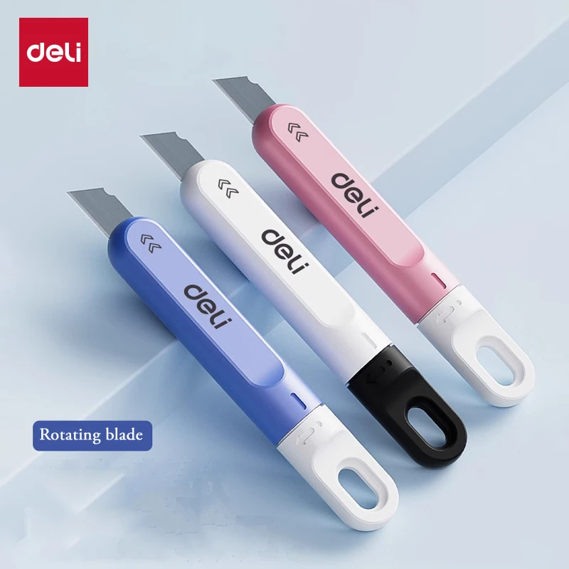 Deli Mini Retractable Box Cutter Small Rotate Utility Knife Pocket Paper Express Delivery Portable Art Kinves For School Office