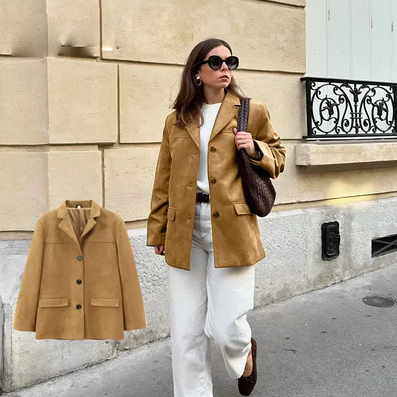 

2025 Women Autumn Winter Suede Single-breasted Blazer Female Vintage Fashion Casual Lapel Brown Chic Coat High Street