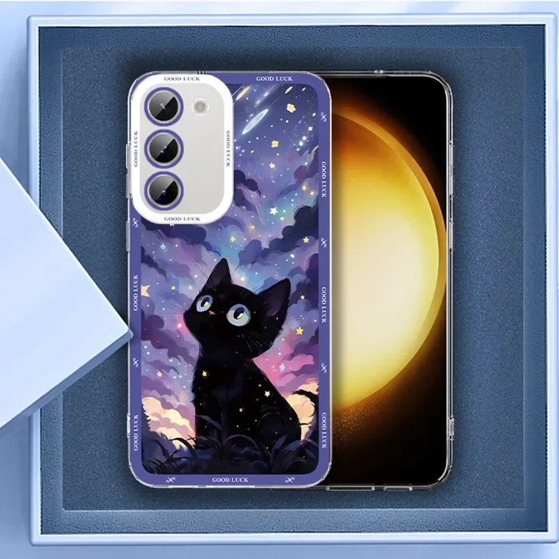 Starry Sky Black Cat Phone Case For For Samsung Galaxy S24 S23 S22 Plus Ultra Clear Cover For Galaxy S23+ S22+ S24+ Shell Fundas