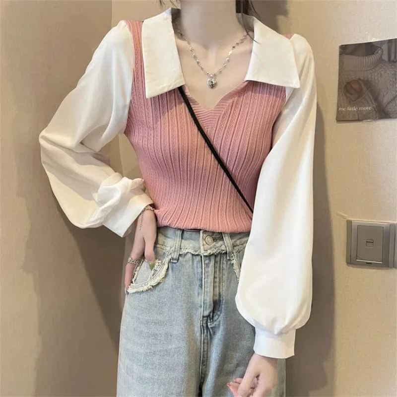 Design Sense Niche Splicing Polo Collar Lantern Sleeves Fake Two-piece Short Knitted Top Women\'s Long Sleeved Shirt