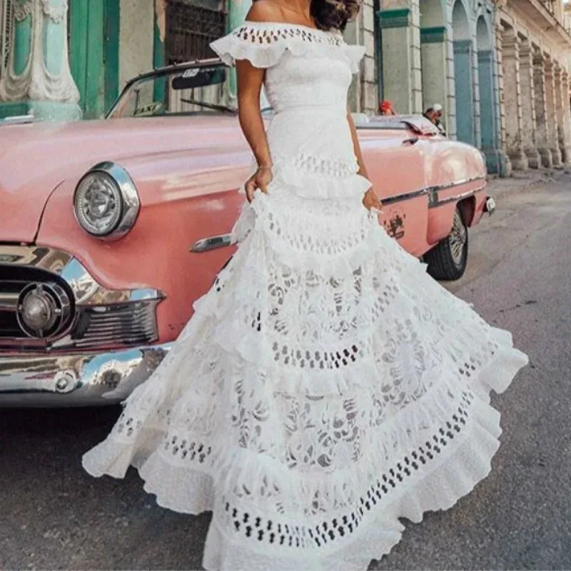 Vintage Elegant Women\'s Long Dress White Lace Dress Off Shoulder Lotus Leaf Hollow Summer Retro Party Big Loose Swing Dresses