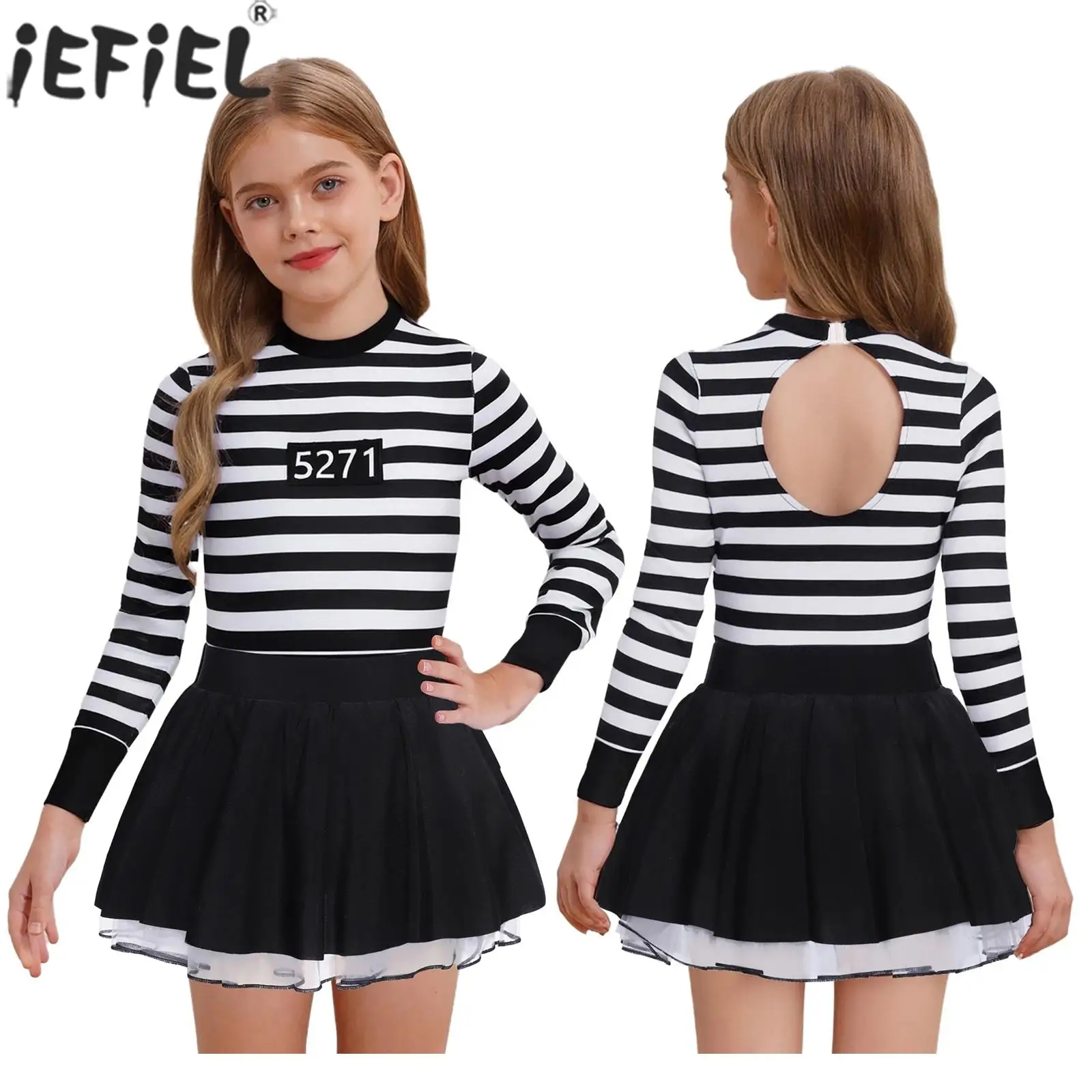 

Детское платье для костюмированной вечеринки на Хэллоуин для девочек, костюм-пачка в полоску с длинными рукавами и заключенным, заключенный