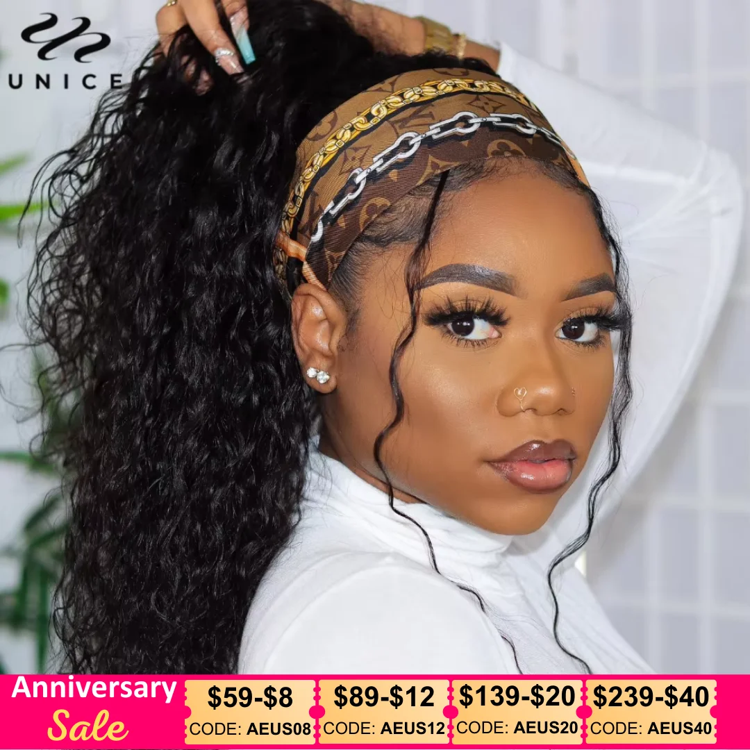 Unice Hair Water Wave Hoofdband Pruik 100% Menselijk Haar Pruiken Klaar Om Beginnersvriendelijke Glueless Pruiken Te Dragen, Stuur Gratis Hoofdband Sjaal