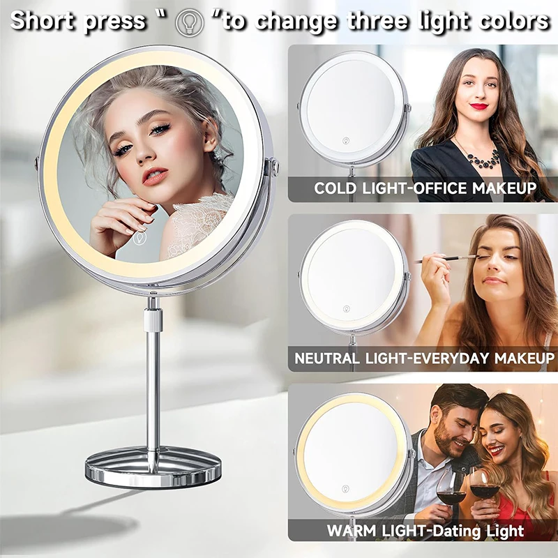 8 Inch LED Makeup Lights with Mirror 5X Magnification Double-Side High-Definition 3 Color Lights Source Vanity Lamp Standing