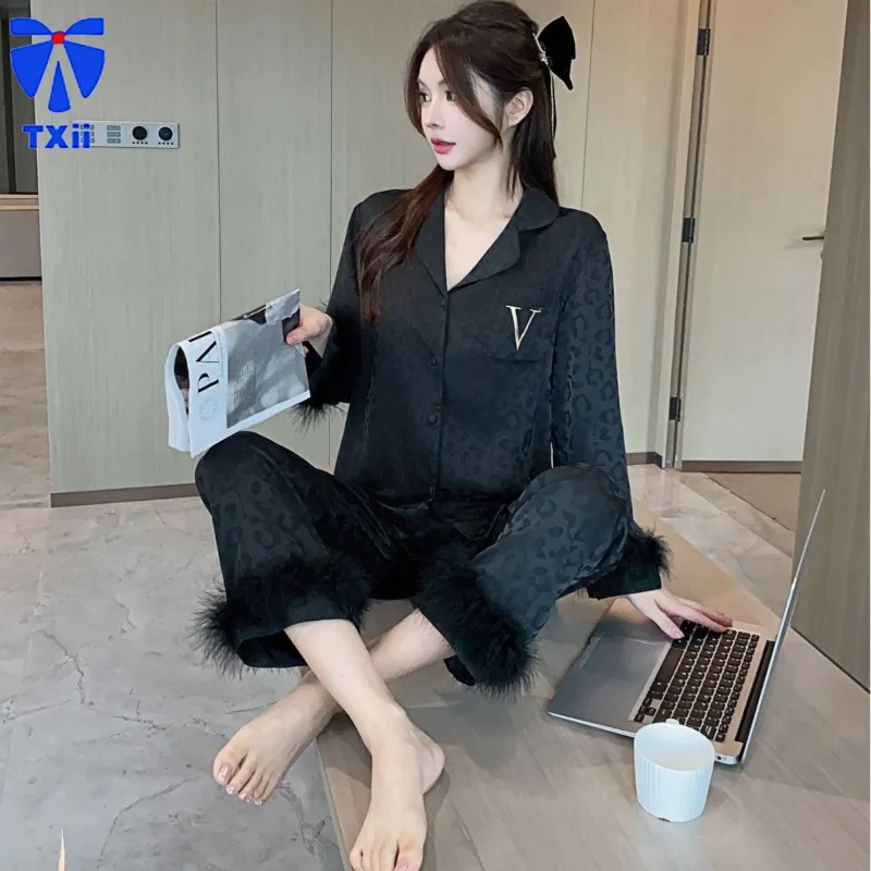 [Feather leopard print] jacquard spring  feather ice silk pajamas women's high-end feeling light luxury silk satin home clothes