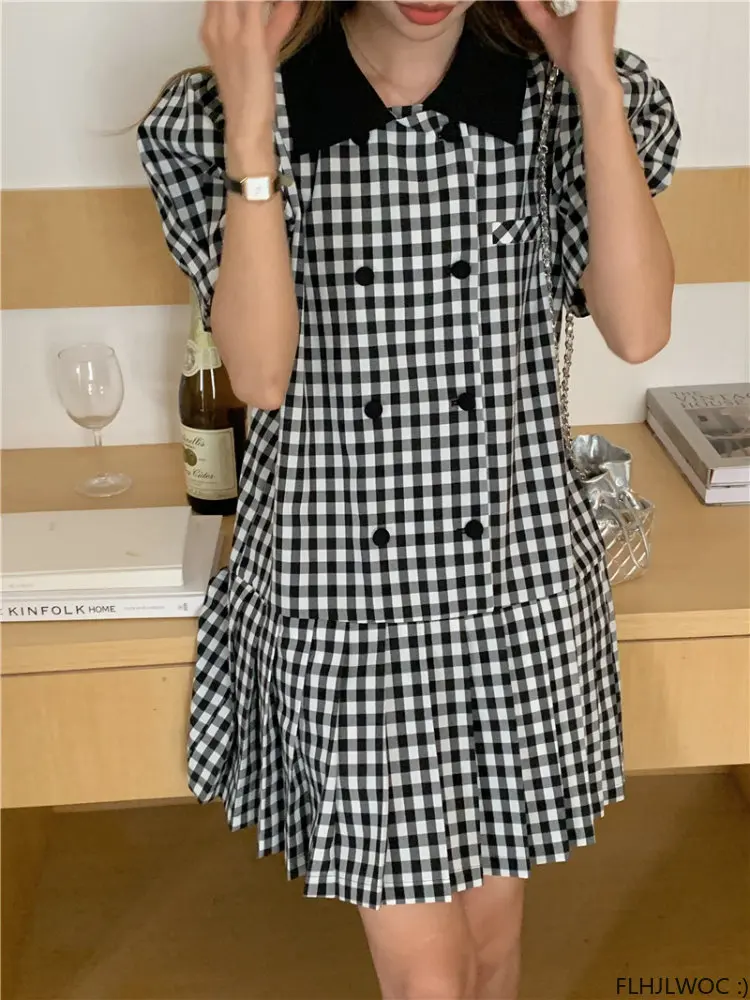 Plaid Jurken Zomer 2023 Nieuwe Ontwerp Vrouwen Koreaanse Japan Preppy Stijl Kleding Vintage Geplooide Shirt Jurk