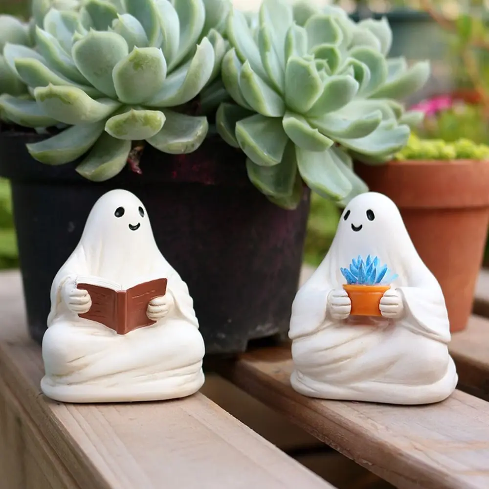 

2pcs Micro Landscape Resin Halloween Ghost Ornaments Cartoon Waterproof Sitting Figure Cute Reading Ghost Statue Home