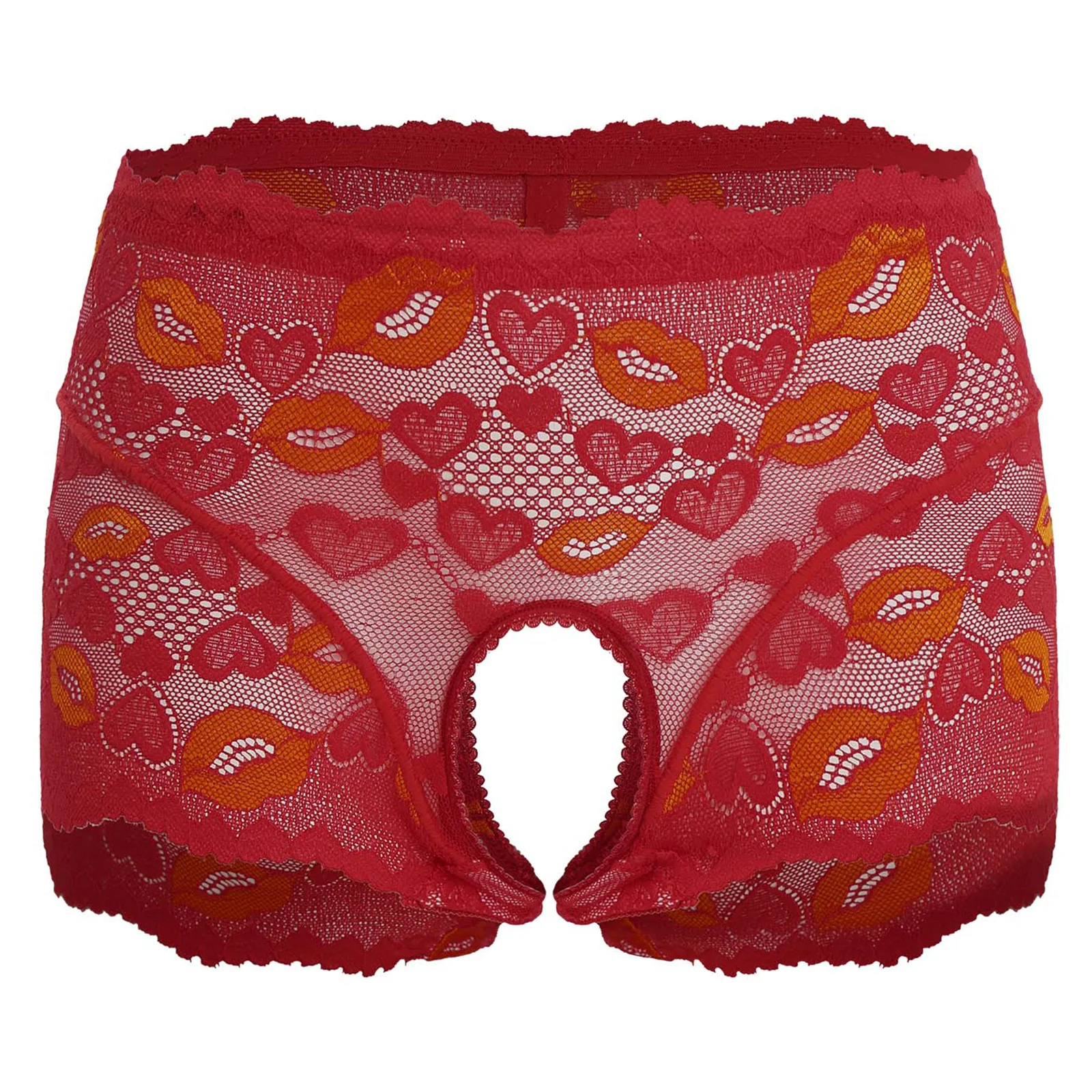 

Women Lip Heart Pattern Lace Panties Open Crotch See Through Briefs Underwear Tempting Lingerie for Anniversary Honeymoon Dating
