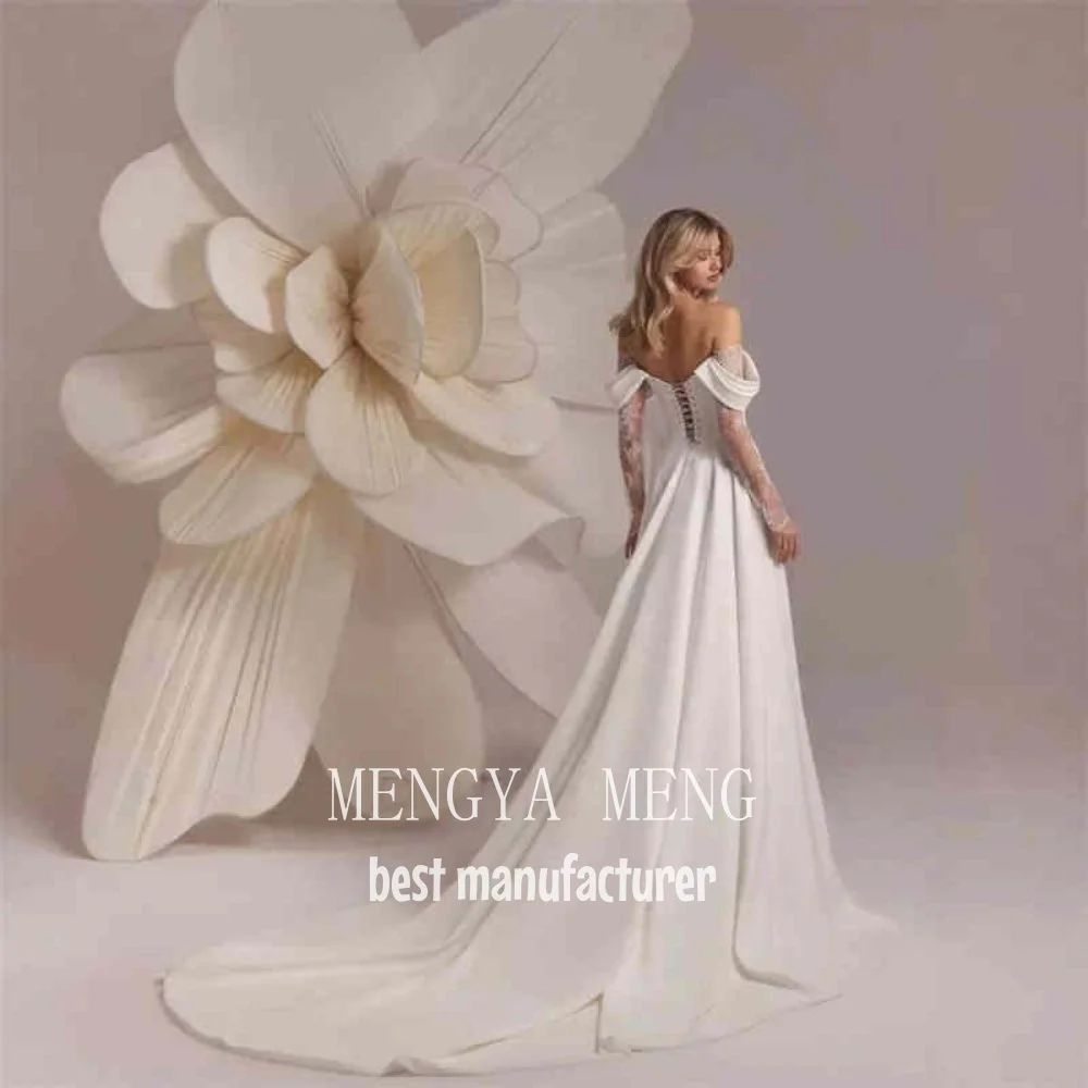 ZHUISHU Elegant Ivory Pleat Satin Wedding Dress Scoop Neck Customized Photoshoot Lace Long Sleeve Bridal Gown Sweep Train Corset