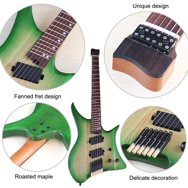 Fanned Frets 6 String Headless Electric Guitar 30 Inch Solid Ashwood Body Mini Guitars Matte Finish Green & Black Color