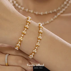 Gorgeous Necklace Bracelet Set for Women Stainless Steel Gold Plated White Shell Pearl Chain Charm Jewelry Gift