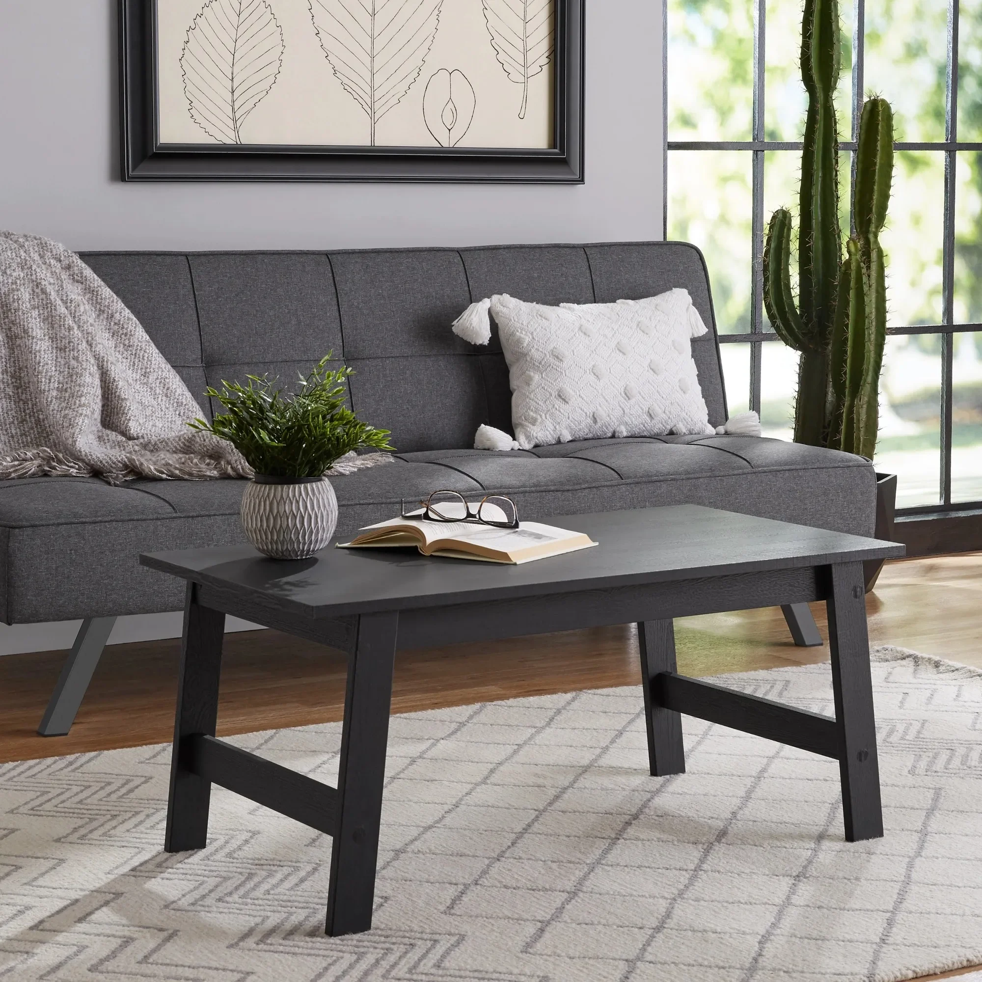 Black Wood Rectangle Coffee Table, Modern Living Room Sofa Table with Sturdy Design, Versatile Farmhouse Apartment Decor
