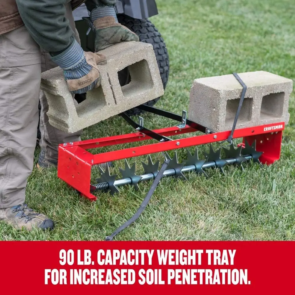 

36-дюймовый прицепной колючий аэратор для газонов; 9 оцинкованных стальных дисков, грузоподъемность 90 фунтов, универсальный поддон