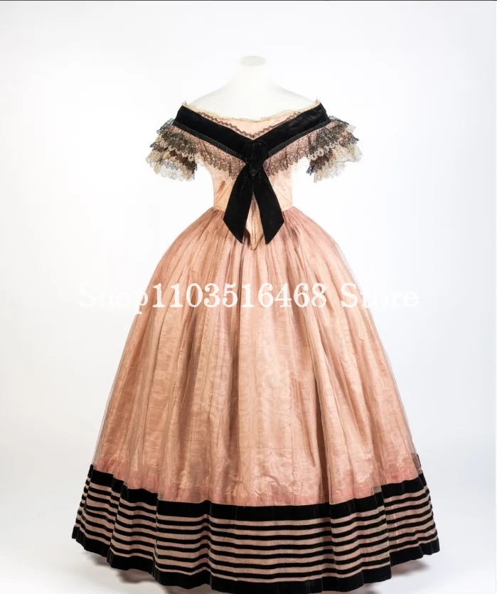 Lotus Root Pink Historical Victorian Evening Dress Strapless Corset Corset Black Stripe Applique Medieval Masquerade Customised