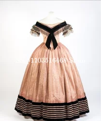 Lotus Root Pink Historical Victorian Evening Dress Strapless Corset Corset Black Stripe Applique Medieval Masquerade Customised