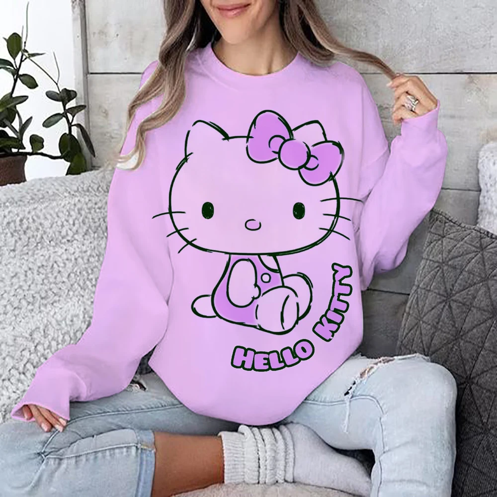 Autumn Fun Print Long Sleeve Top 2024 New Cartoon Disney Cute Hello Kitty Ladies Sweatshirt Crew Neck Loose Pullover