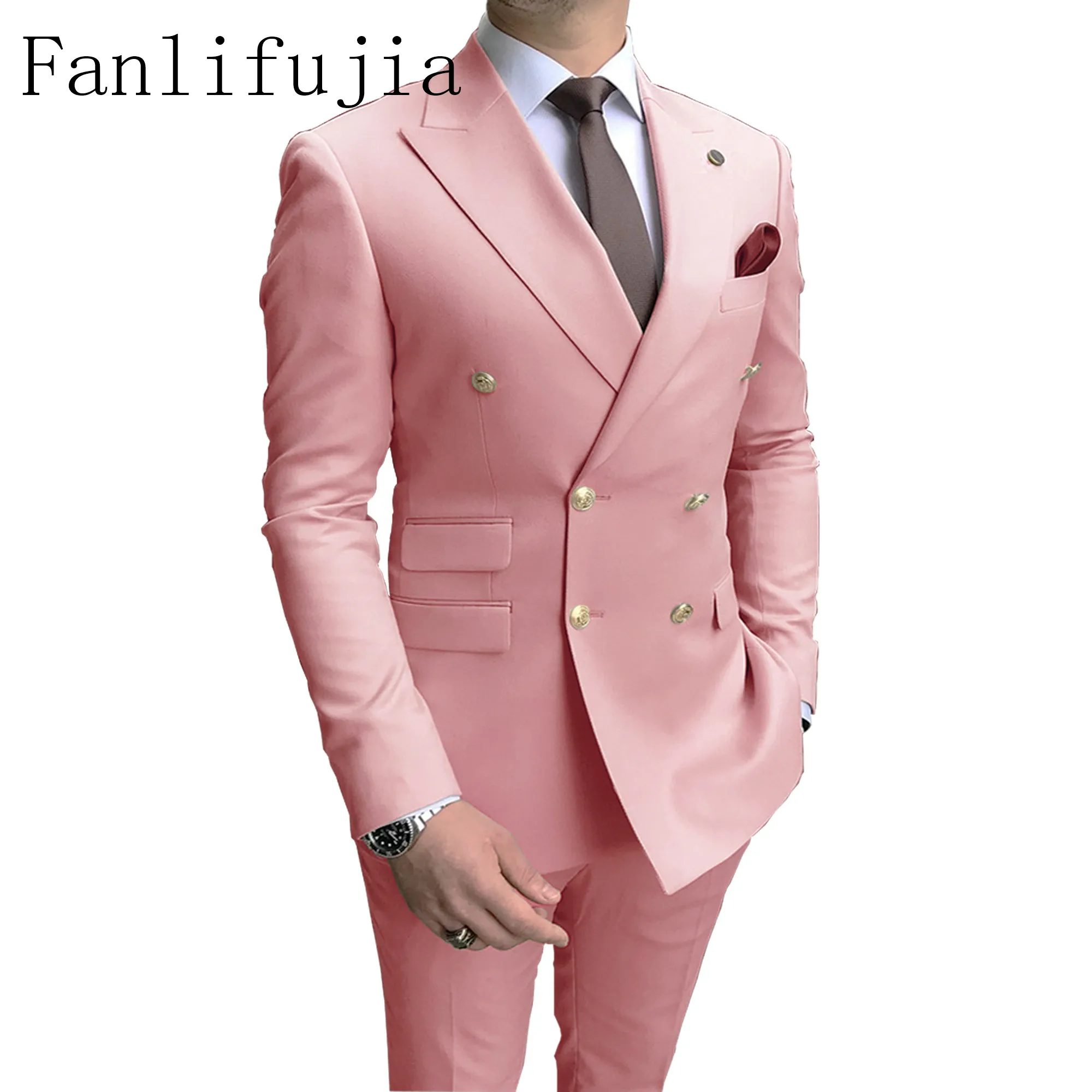 Fanlifujia Double Breasted Men Suit Pink Two Pieces Slim Fit 2024 Italian Wedding Costume Party Prom Gold Button Male Male Suit