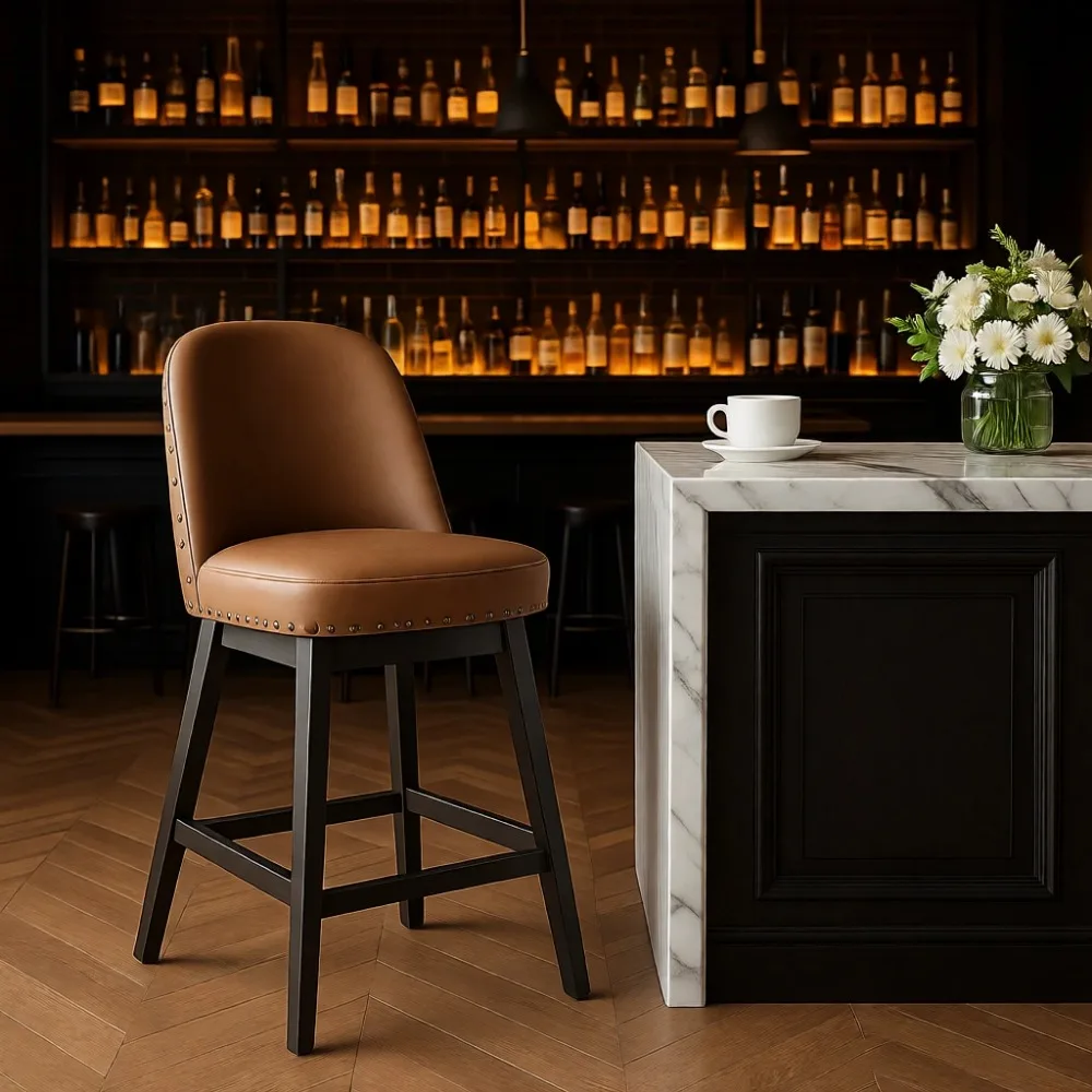 

Кожаный вращающийся барный стул в стиле середины века, высота 26 дюймов, с прочной деревянной спинкой и ножками, для кухонного острова, коричневый
