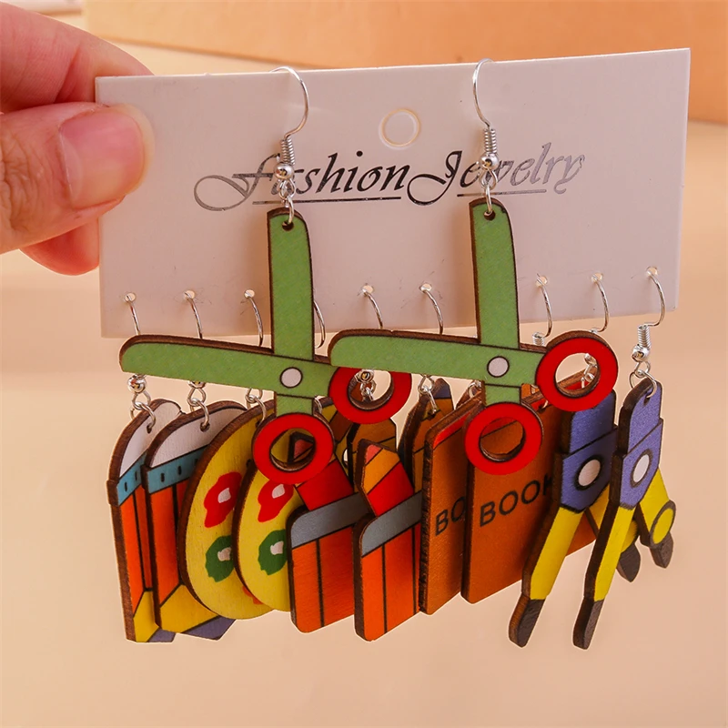 Cute Student Learning Tools Drop Earrings for Women Wooden Book Pen Dangle Hooks Earrings School Boys Girls Gifts