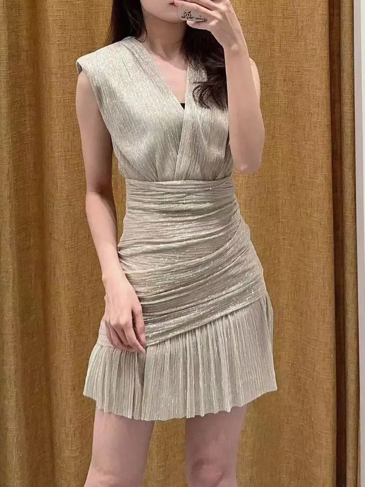

Women Pleated Dress V-Neck Sleeveless High Waist Elegant Summer 2024 Mini Robe