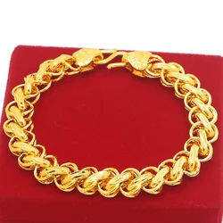 Pure Gold Color Bracelet for Men Women 10mm Wide Bangles Dubai Gold Buckle Watch Chain Pulseira Jewelry Gifts