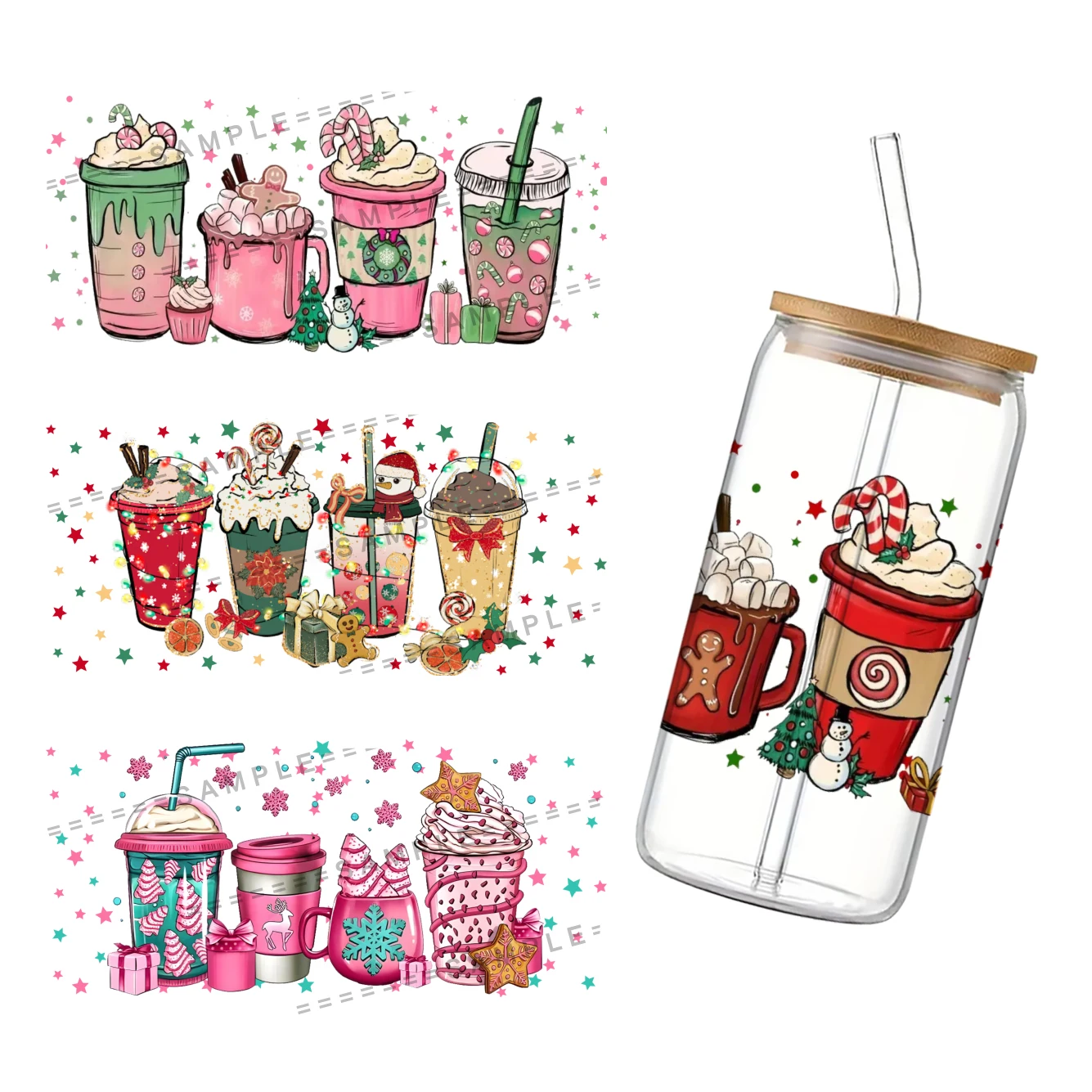 Christmas Series 16oz DTF Sticker Cups Cool Personalize UV Wrap Transfer Sticker Label DIY Logo Self Adhesive Waterproof Custom