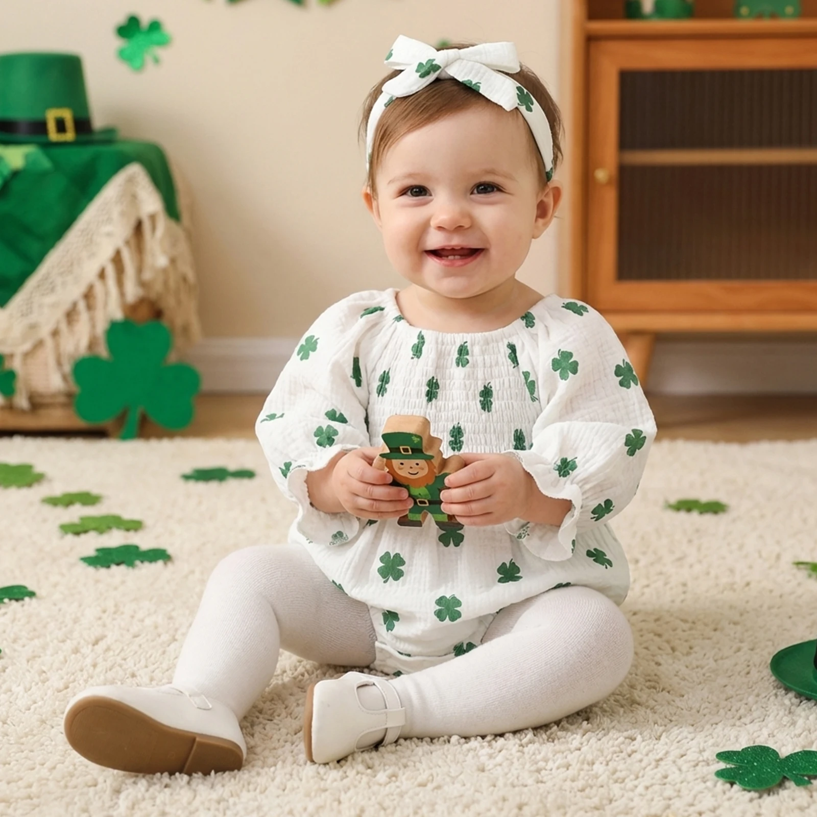 Baby Girl Irish Day Romper Long Sleeve Off Shoulder Shamrock Print Romper with Headband Baby St. Patrick's Day Clothes