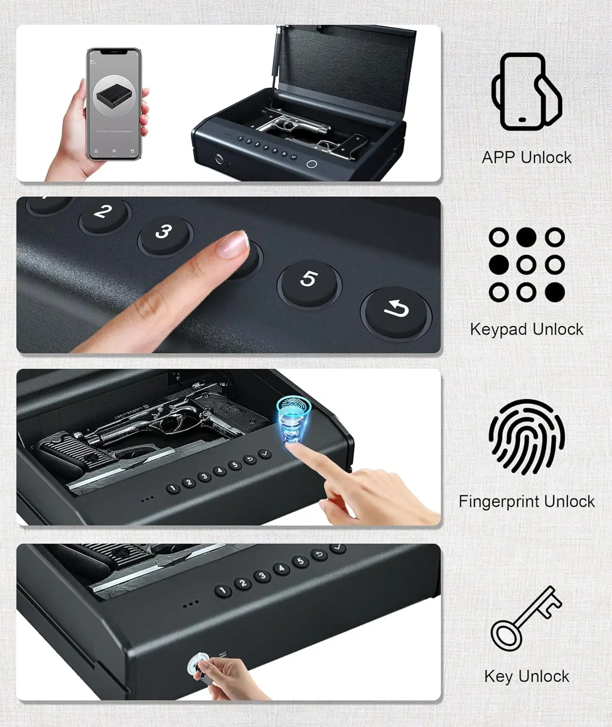 Large Size Biometric Gun Safe with APPGun Safe, Biometric Gun Safes For Handgun, Pistol Safe With Fingerprint or Keypad, 4-Quick