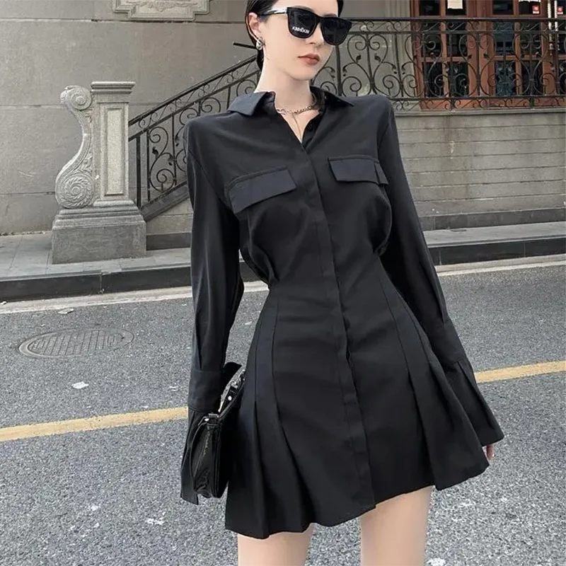 Black Shirt Dress Women Elegant Vintage Long Sleeve Pleated Dress Sexy Gothic Y2k Turn Down Collar Casual Mini Vestidos