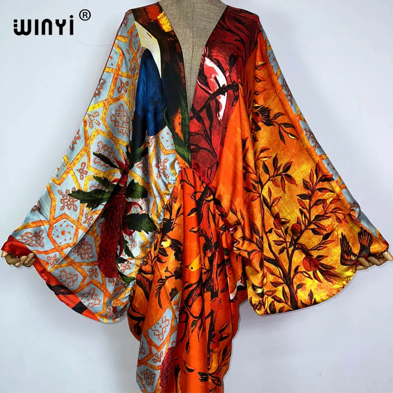 Sexy bech high-quality hand-rolled feel silk rayon fashion print 2021 WINYI Maxi women\'s robes long beach V-neck Bohemian dress