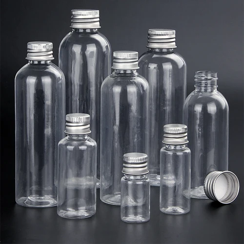 50/100 Uds botella de plástico tapa de aluminio 5ml 10ml 15ml 20ml 30ml 50ml frasco vacío botellas de muestra contenedor transparente para viajar