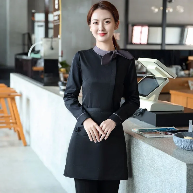 Long Sleeve Hotel Food Service Waiter Uniform Women Western Restaunrant Waitress Uniform Catering Shirt and Apron Work Clothing