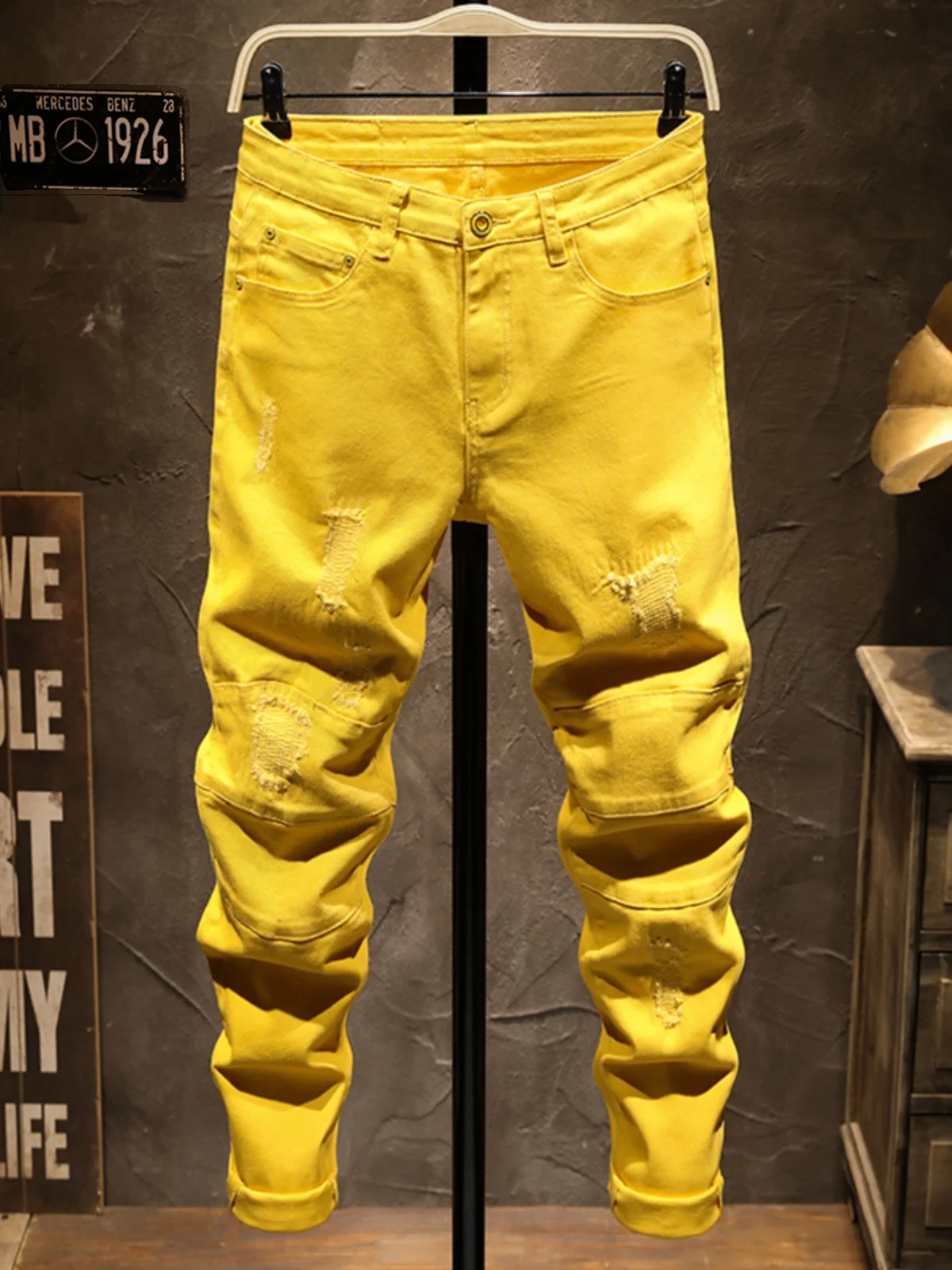 

Spring Autumn Men's Fashionable Casual Denim Jeans Personality Splicing Hole Punching Elastic Slim Fit Long Pants Youth Trend