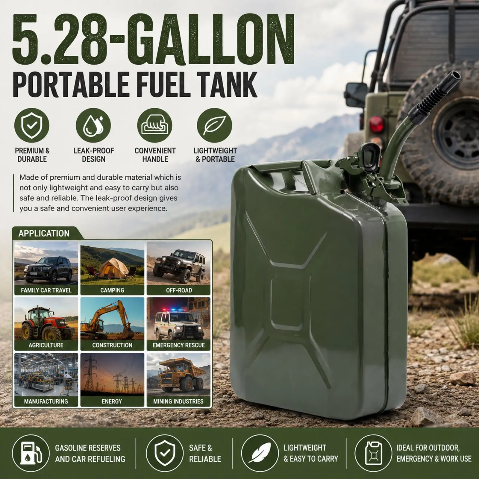 

5.28Gal Fuel Tank with Extended Spout Metal Rubber Gerry Can Pouring Spout Flexible Nozzle Petrol Fuel Seal Ring Petrol Can