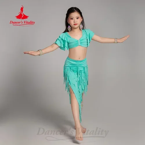 Traje de danza del vientre para niñas, traje de práctica elegante con borlas, ropa de entrenamiento profesional de danza Oriental para niños