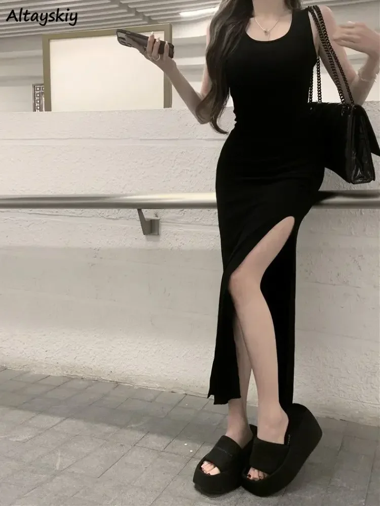 Abiti con spacco nero Donna senza maniche Hotsweet alla caviglia Casual Estate Aderente Temperamento Moda femminile Stile coreano Classico
