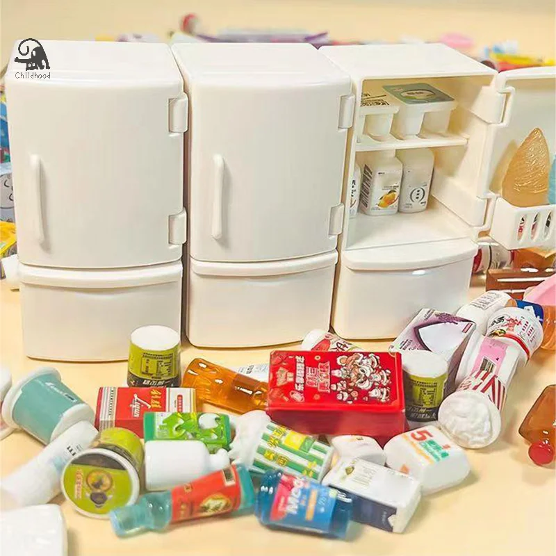 

1/12 Mini Dollhouse White Refrigerator With Food Set Kitchen Toys Miniature Furniture Fridge Decorations For Kids Gift