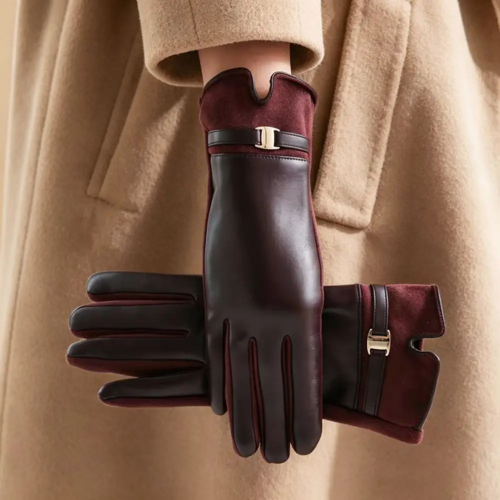 Winter Warm Thermal Gloves Women Suede Touch Screen Fur Trim Fleece Lined Windproof Outdoor Driving Cycling Style For Nianxuehan