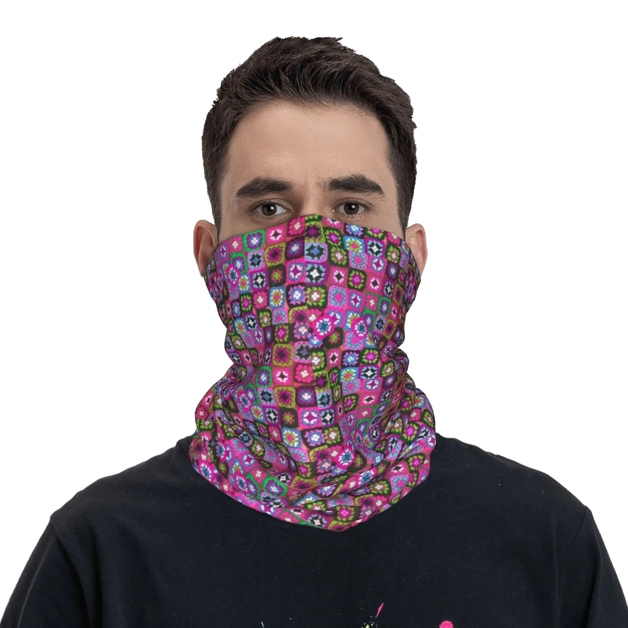 Crochet blanket granny square vintage Bandana Neck Cover Printed Mask Scarf Multi-use Balaclava Cycling Unisex Adult Winter